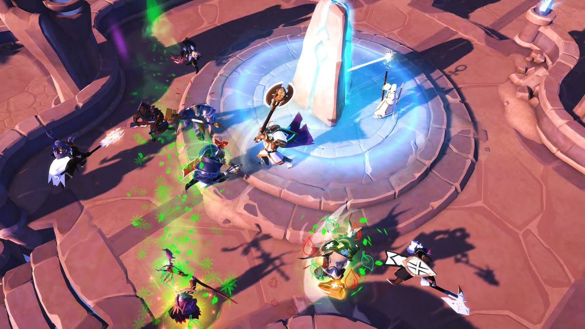 Groupe de héros en combat au pied d'un monolithe dans Albion Online