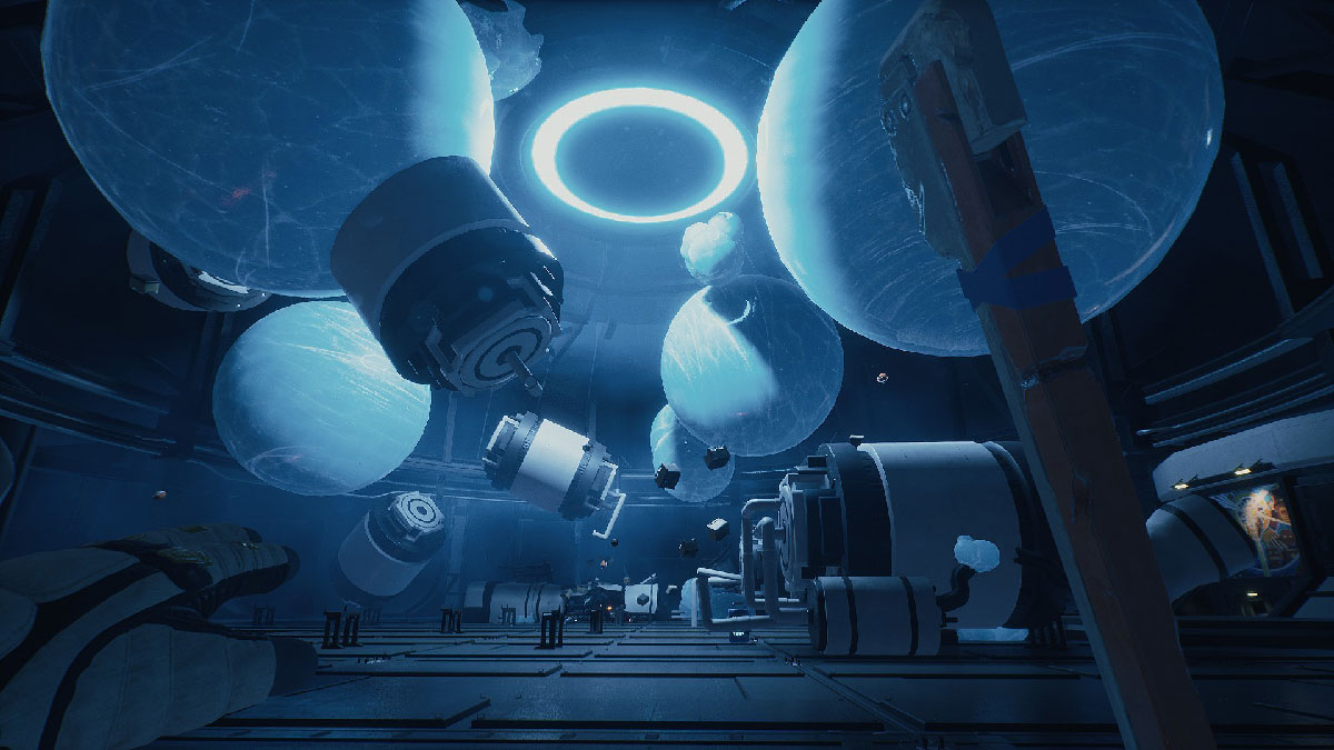 Laboratoire de Breathedge avec objets en apesanteur flottant dans la station orbitale