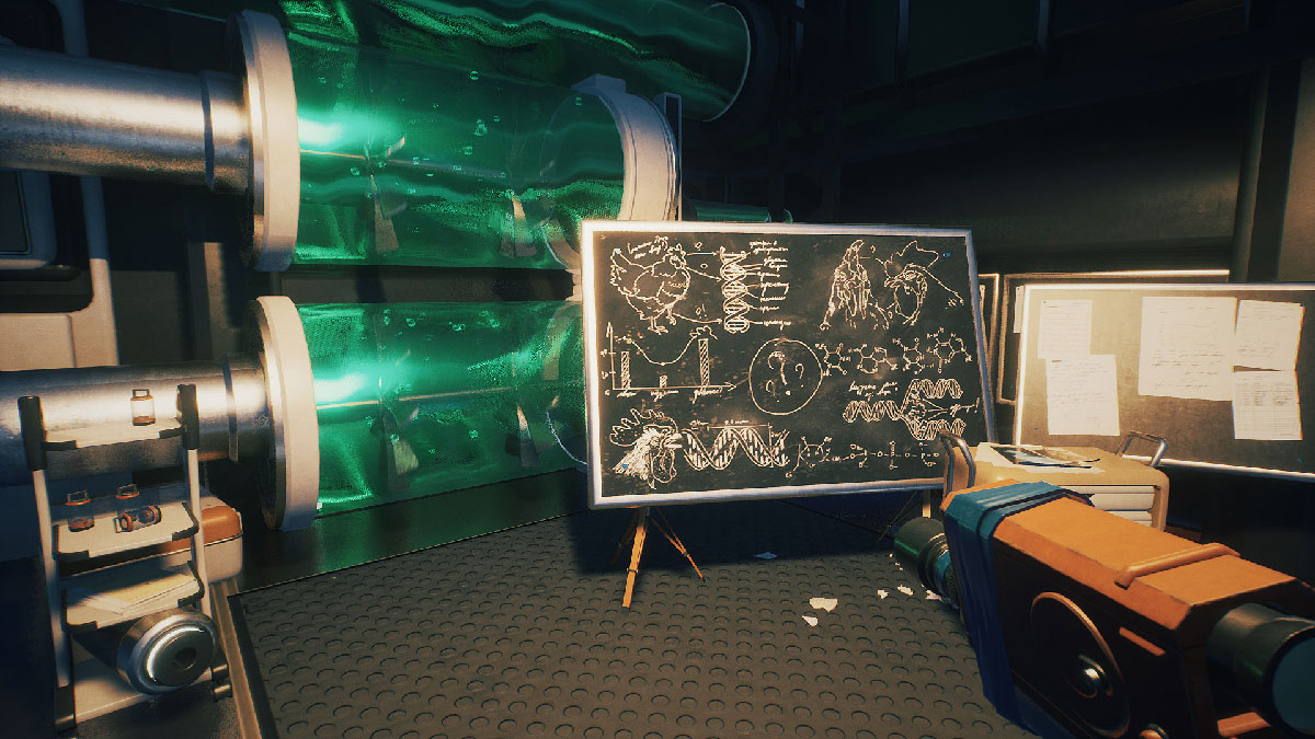 Tableau de conspirations dans Breathedge avec points d'interrogation et notes à la craie