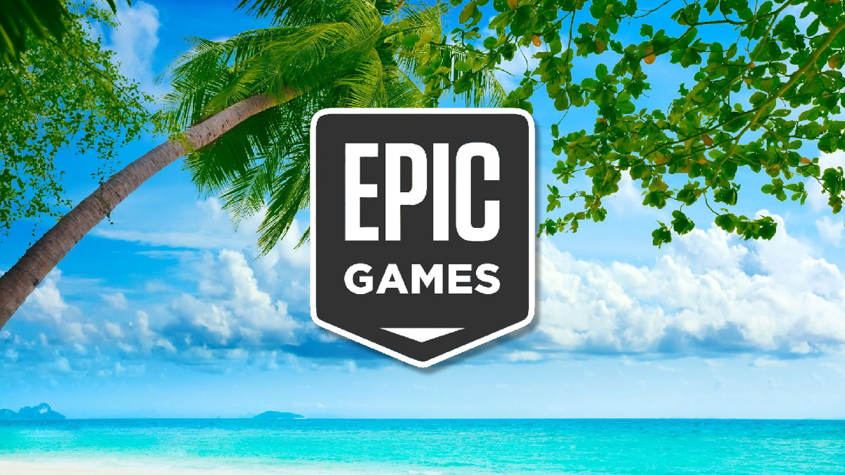 Logo Epic Games Store avec offre de jeux gratuits de la semaine sur fond de plage tropicale
