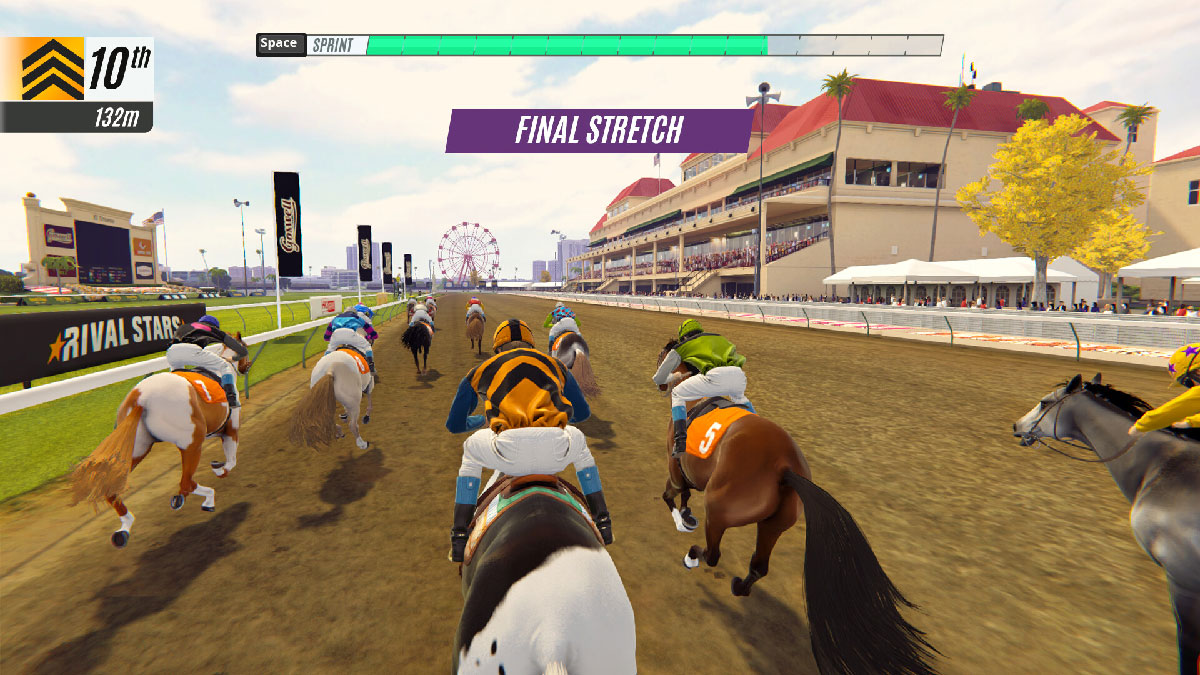 Douzaine de chevaux et cavaliers au galop dans un hippodrome dans Rival Stars Horse Racing