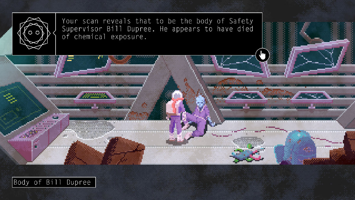 Le personnage principal examinant le cadavre de Bill Dupree