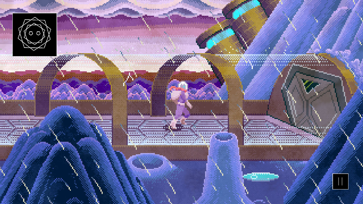 Le personnage principal en combinaison spatiale marchant dans un tunnel de verre