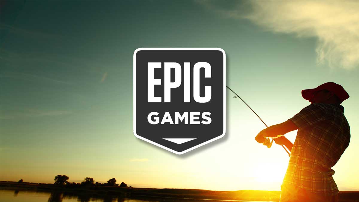 Logo Epic Games Store devant un pêcheur en bord de mer à la fin de l'été