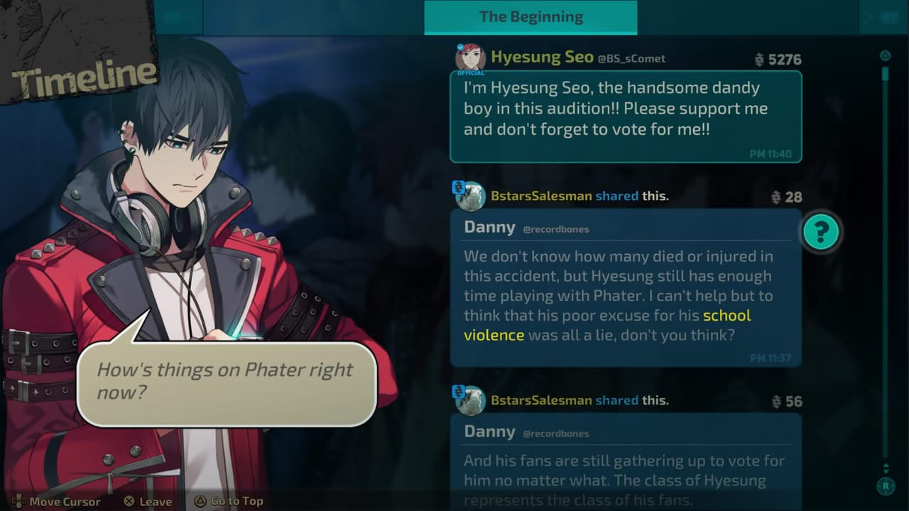 Le personnage de Buried Stars échangeant sur les réseaux sociaux in-game