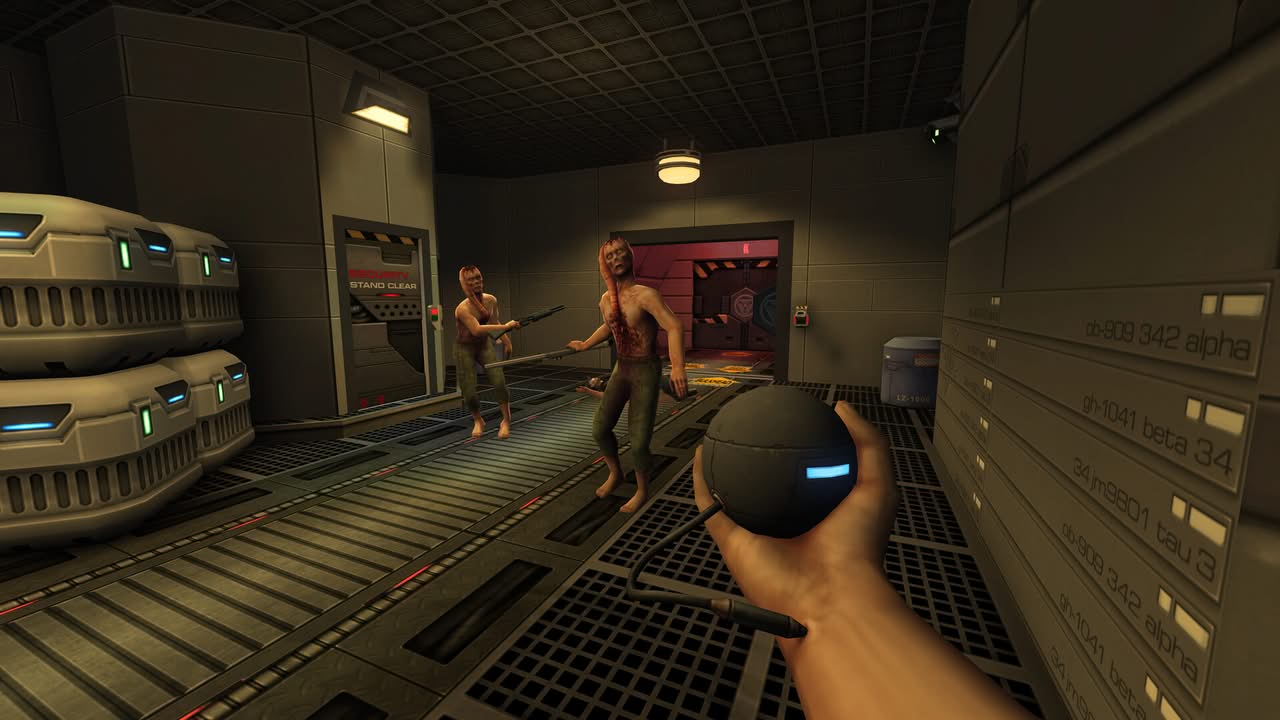 Deux zombies armés, dont un avec un fusil à pompe, dans System Shock 2 Remastered