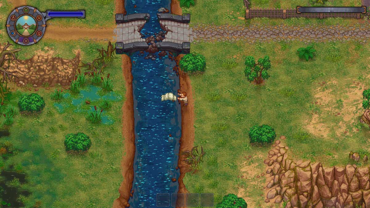 Graveyard Keeper - Le joueur se débarrasse d'un cadavre dans une rivière