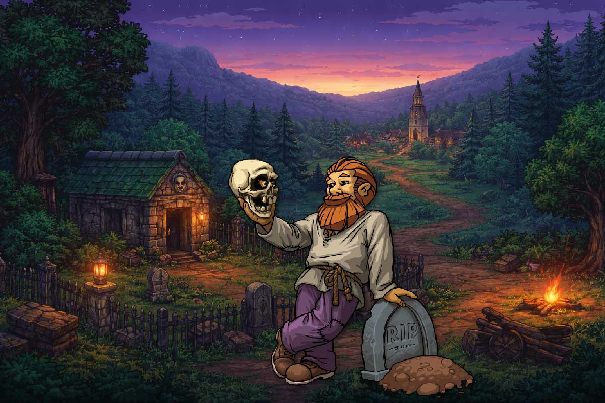Illustration pixel art de Graveyard Keeper montrant le gardien tenant un crâne devant un cimetière au coucher du soleil