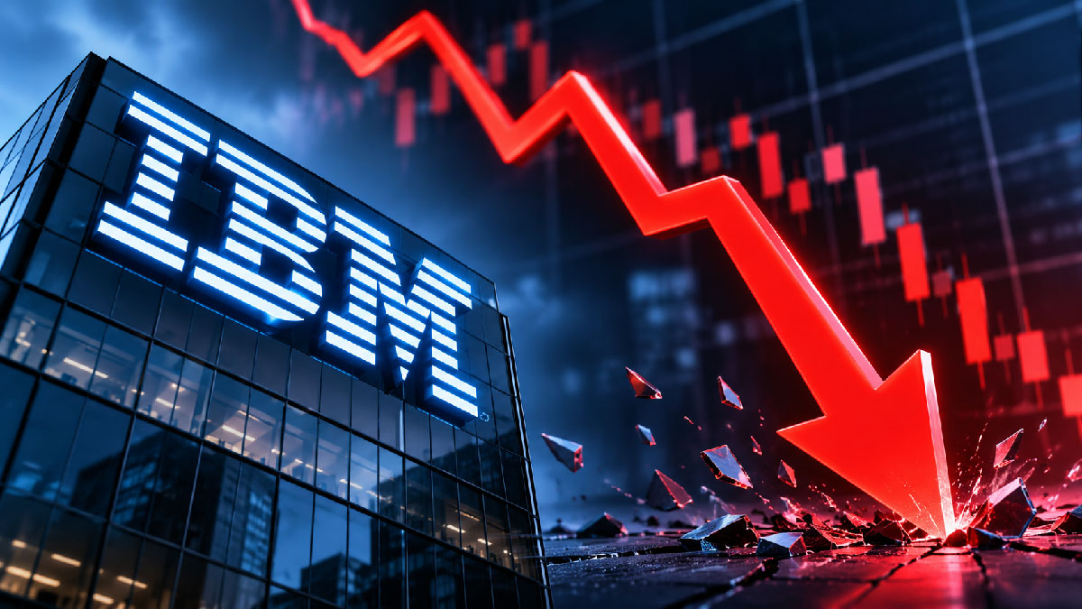 Logo IBM avec flèche rouge symbolisant la chute de l'action en bourse