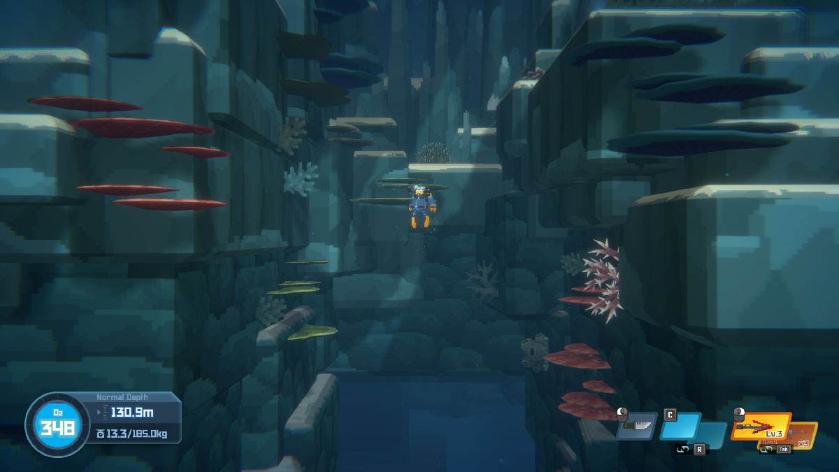 Dave in a dark vertical abyssal corridor in Dave the Diver
