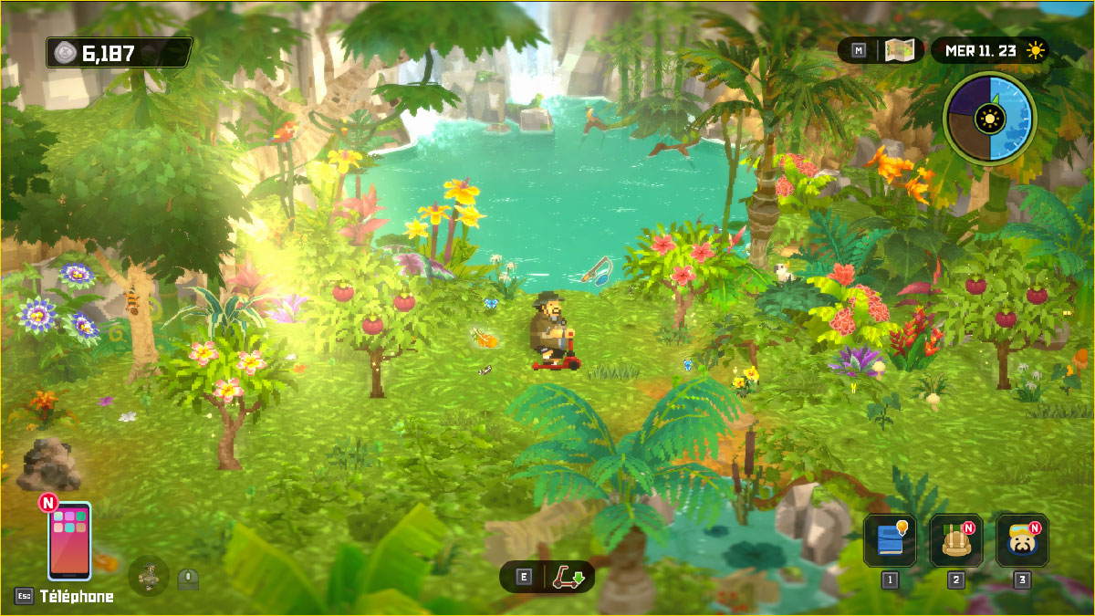 Une chute d'eau entourée de fleurs à cueillir dans Dave the Diver In the Jungle