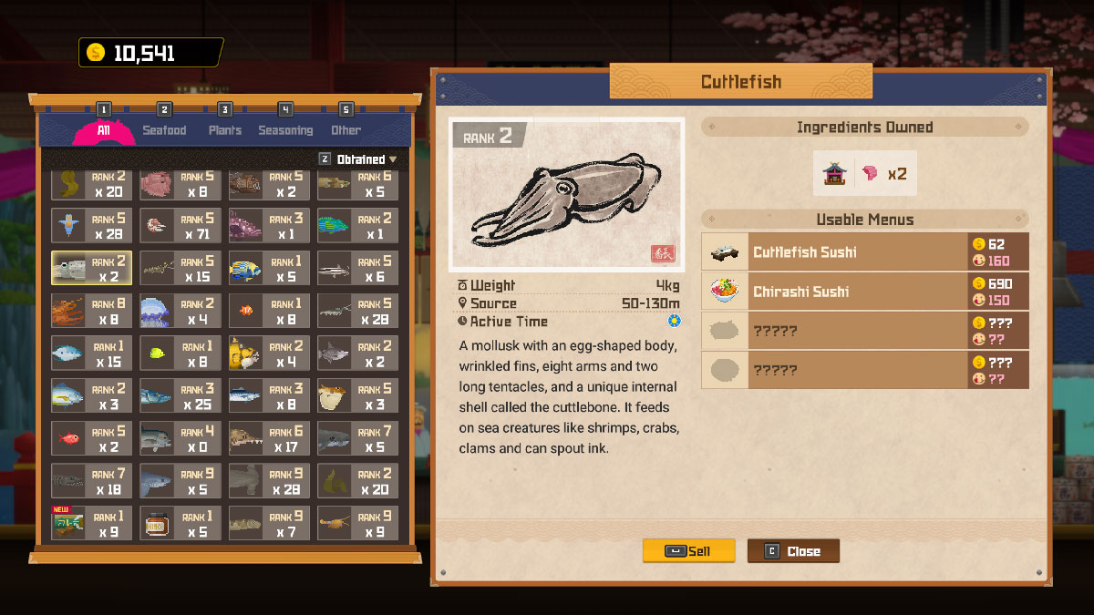 List of available ingredients in the sushi bar in Dave the Diver