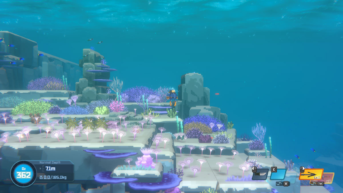 Colorful Deep Blue seabed in Dave the Diver with luminous underwater plants