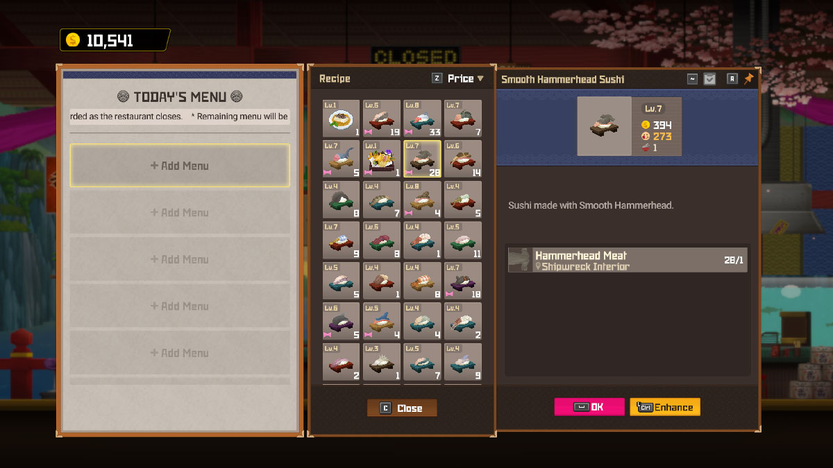 Menus and recipes to upgrade and prepare in the restaurant in Dave the Diver