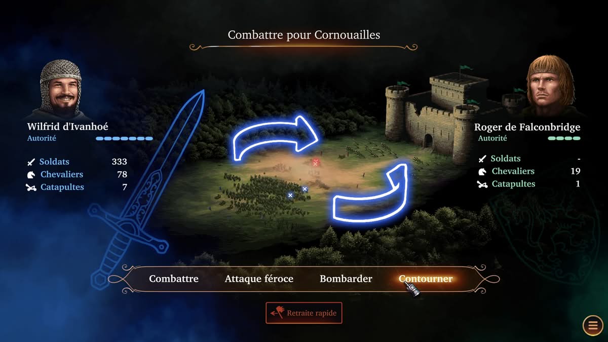 Bataille rangée en open field avec fantassins, chevaliers à cheval et catapultes