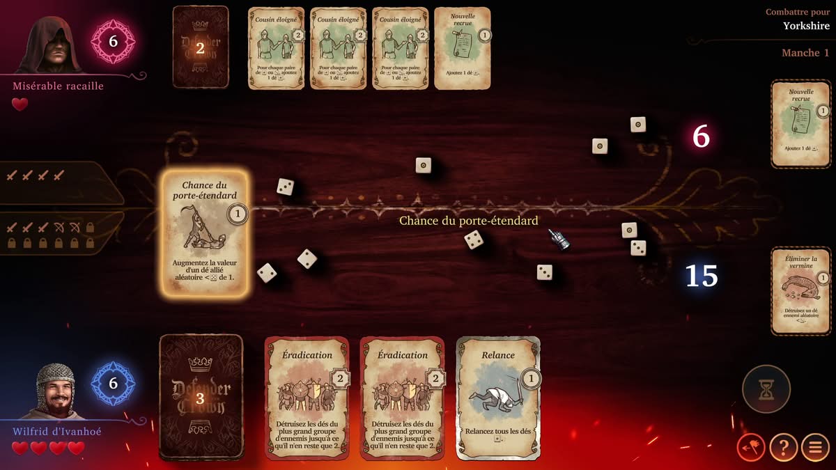 Plateau de jeu du mode Royaumes avec decks de cartes et dés lancés lors d'un combat
