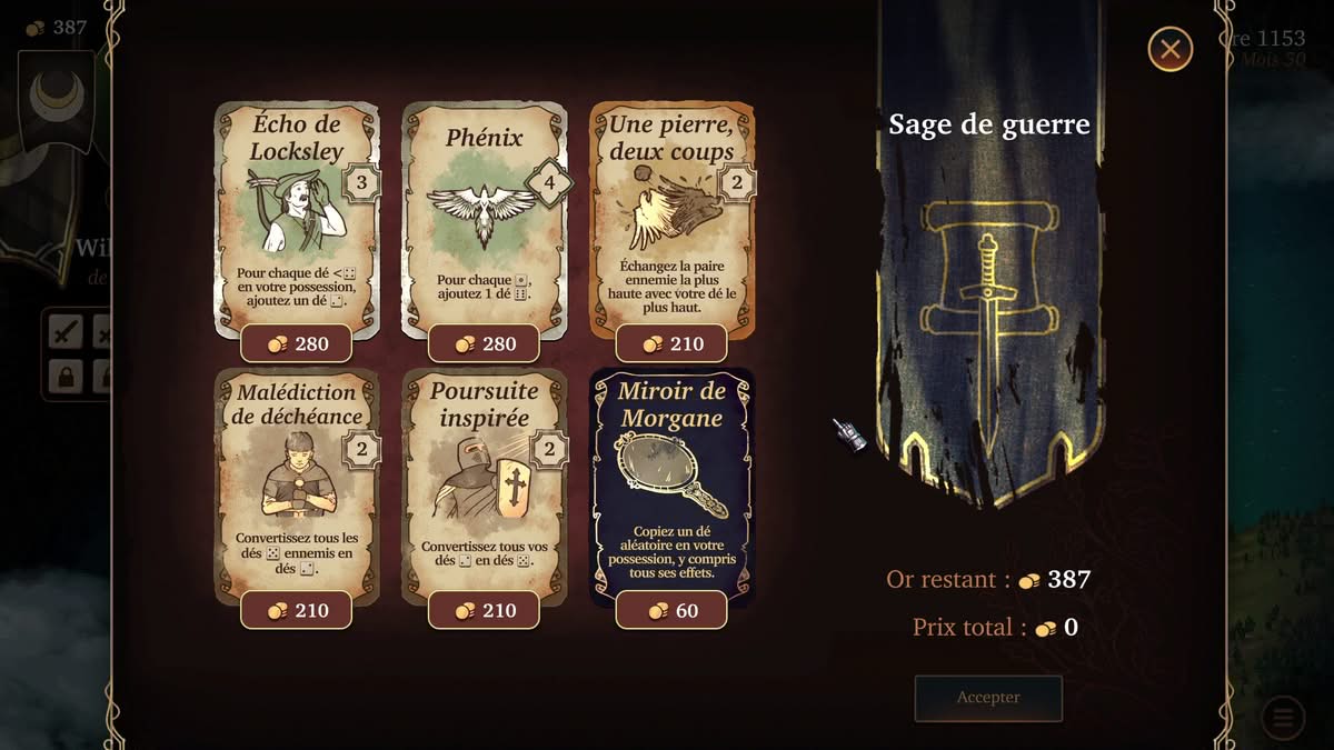 Visite chez le sage de guerre pour acheter des cartes tactiques et des reliques contre de l'or
