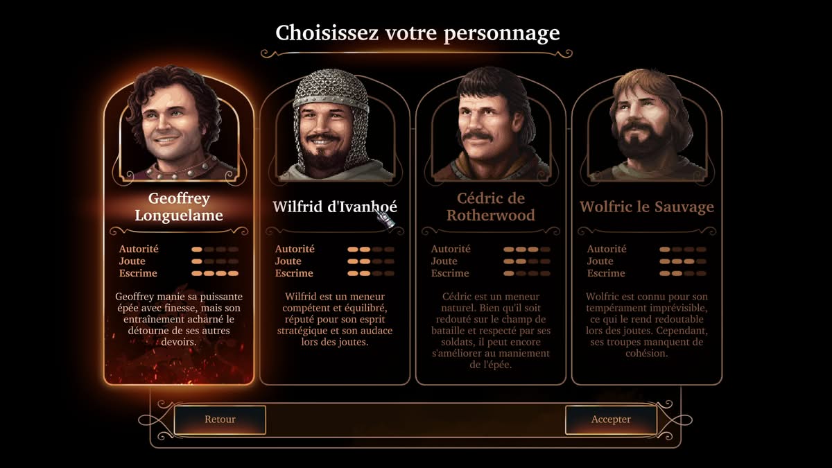 Écran de sélection des quatre prétendants saxons en début de partie