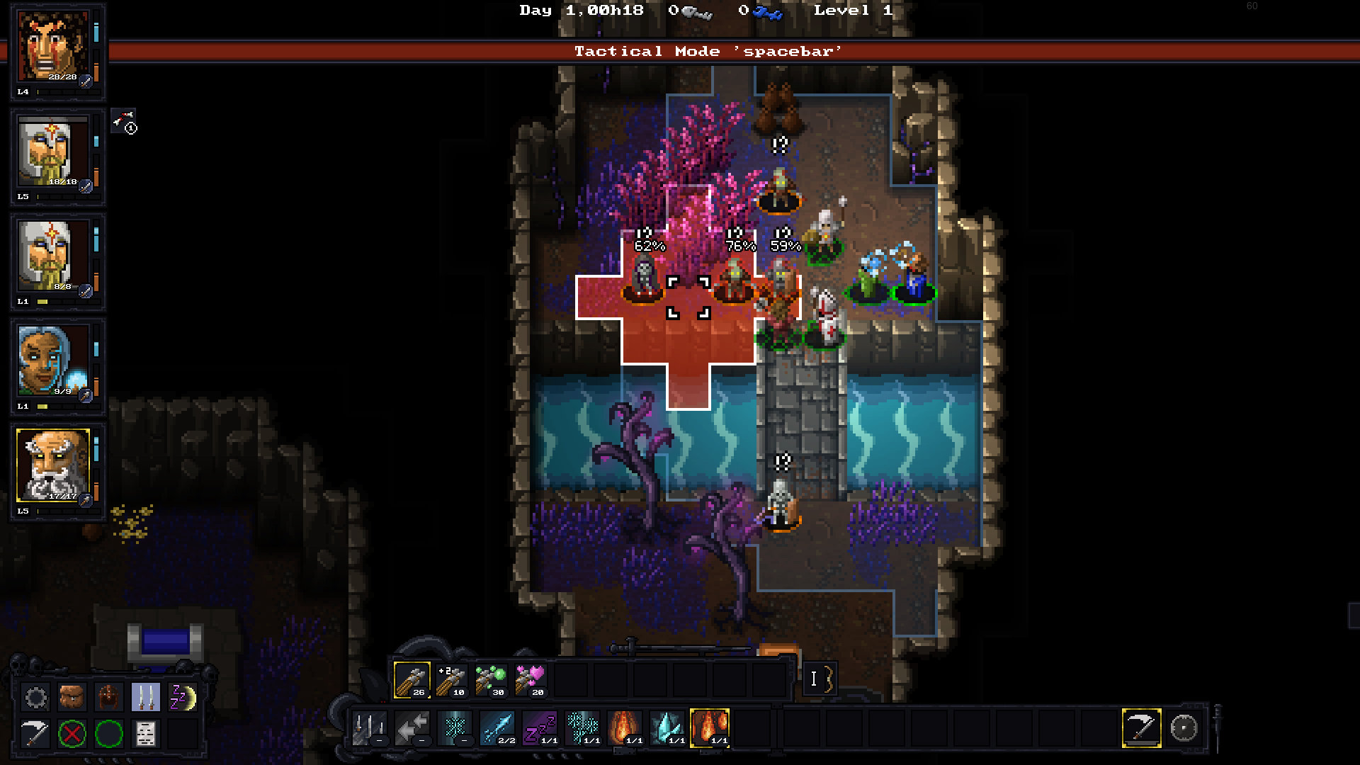 Vue de dessus d'un groupe de héros explorant un donjon sombre en pixel art dans Escape the Mad Empire