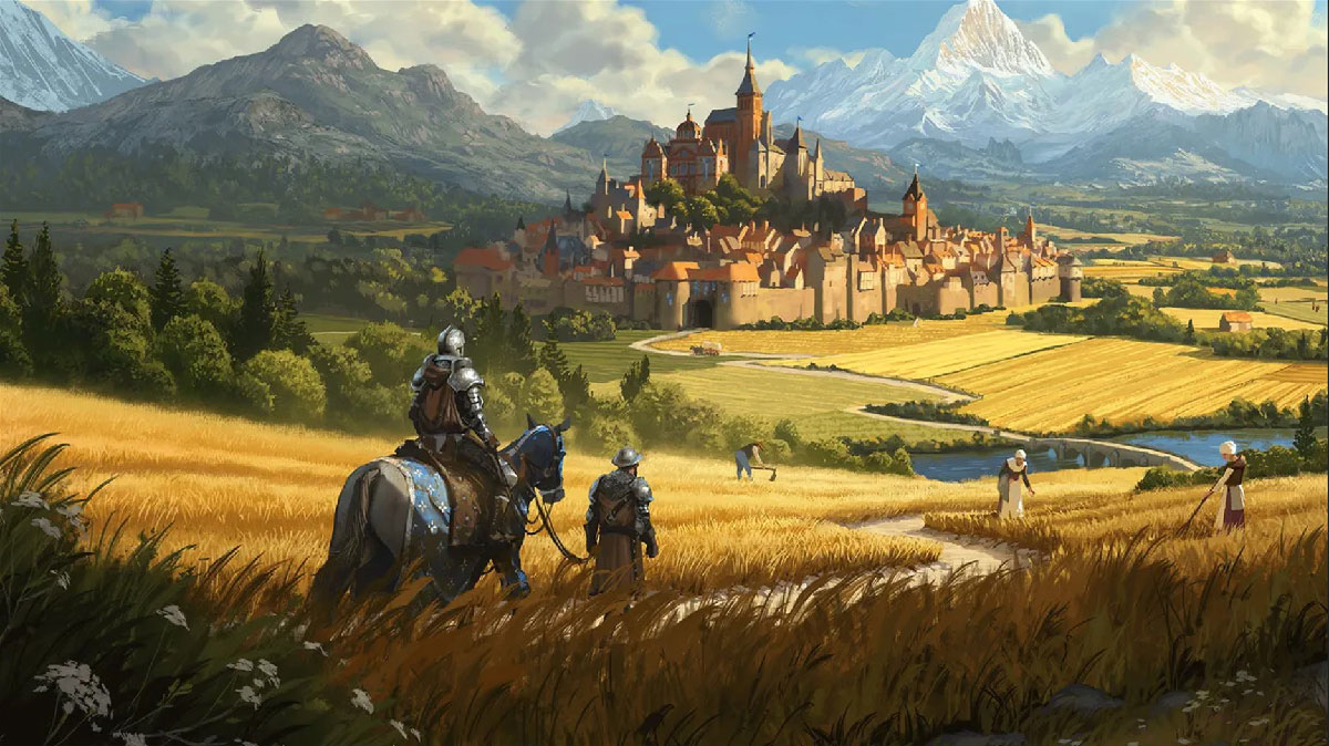 Farthest Frontier : cité fortifiée médiévale entourée de champs, avec un chevalier à cheval au premier plan