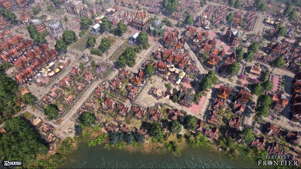 Une ville immense et parfaitement structurée dans Farthest Frontier, fruit de dizaines d'heures de jeu