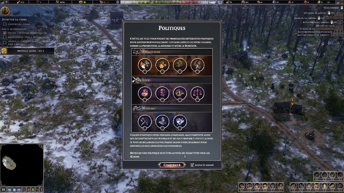 Panneau des politiques de gouvernance disponibles dans Farthest Frontier