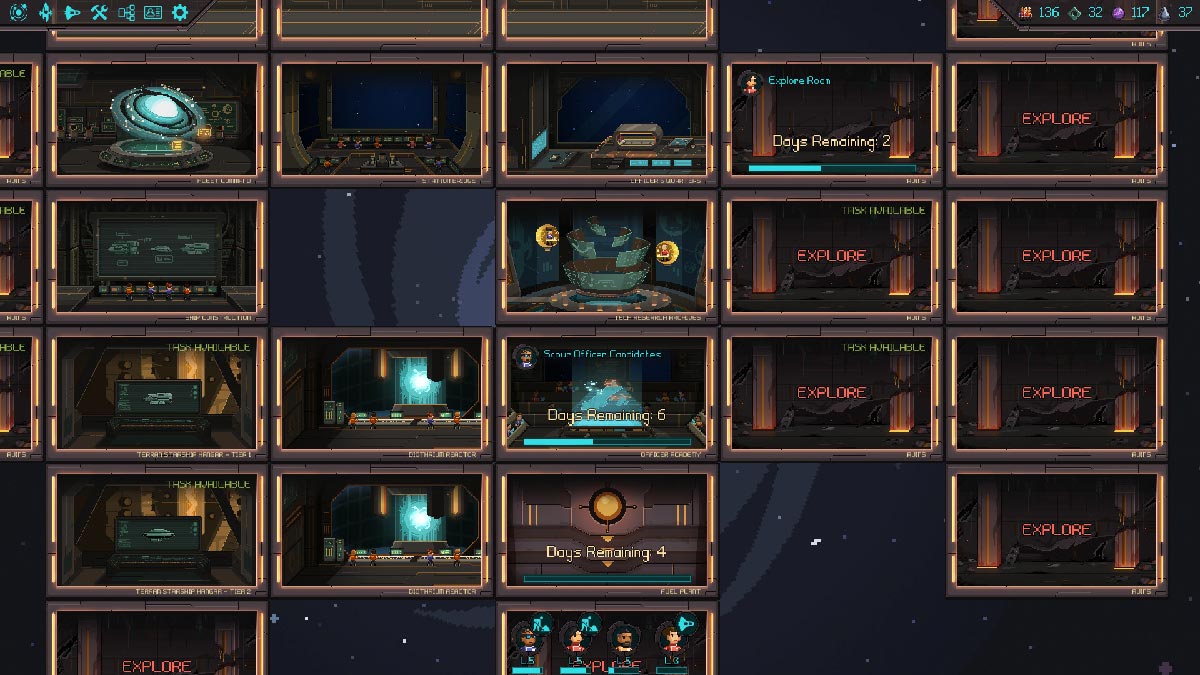 Halcyon 6 : vue 2D de la base Starfleet avec salles aménagées et zones inexplorées