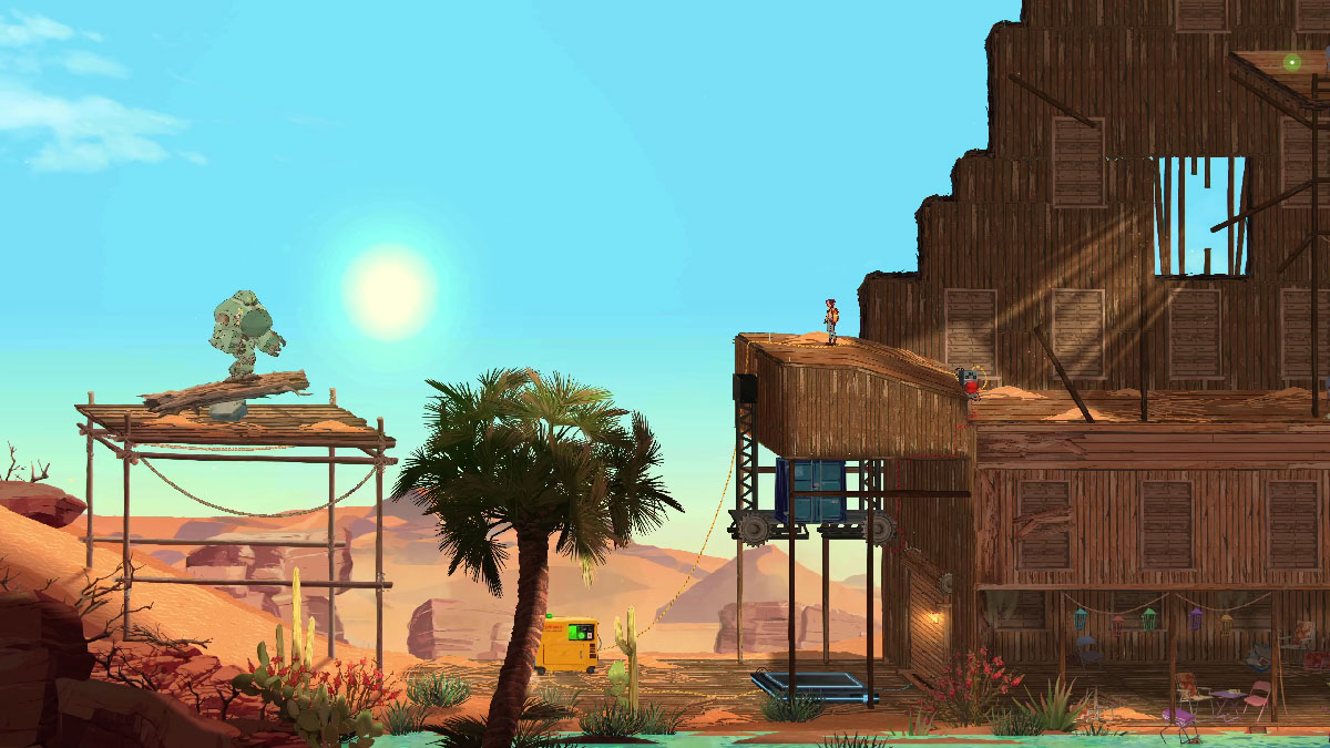 Le biome désert de Lost in Tandem avec les ruines d'un village oublié en arrière-plan