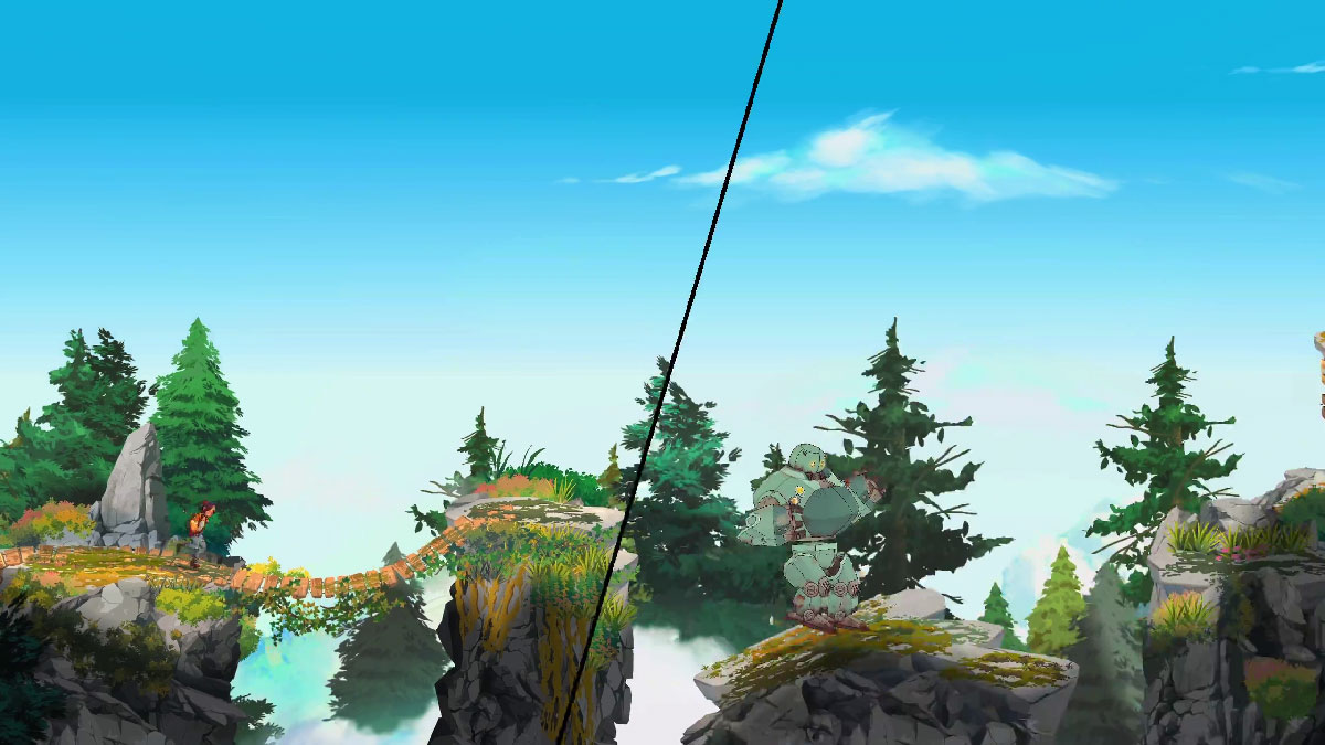 Mode split-screen dans Lost in Tandem montrant les deux perspectives simultanées en coopération