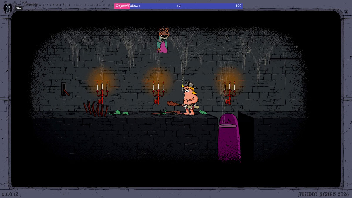 Le vieux magicien allié accroché par un énorme hameçon au plafond dans Lucky Tower Ultimate