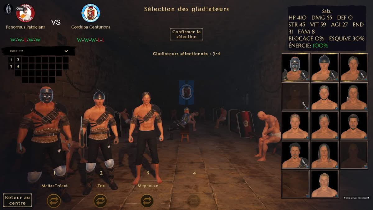 Écran de sélection des gladiateurs avant un combat