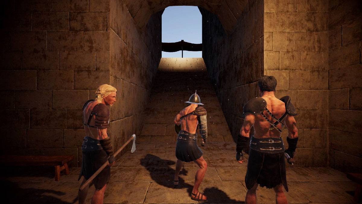 Trois gladiateurs entrant dans l'arène de combat