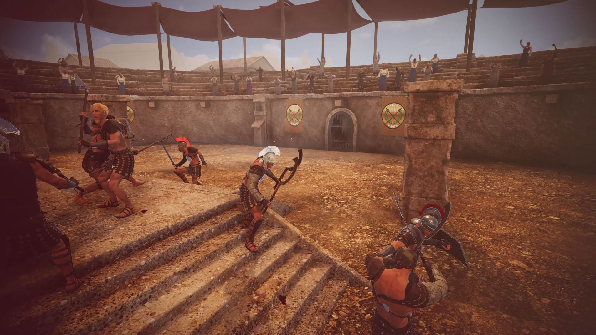 Combat entre plusieurs gladiateurs de haut niveau en armure complète