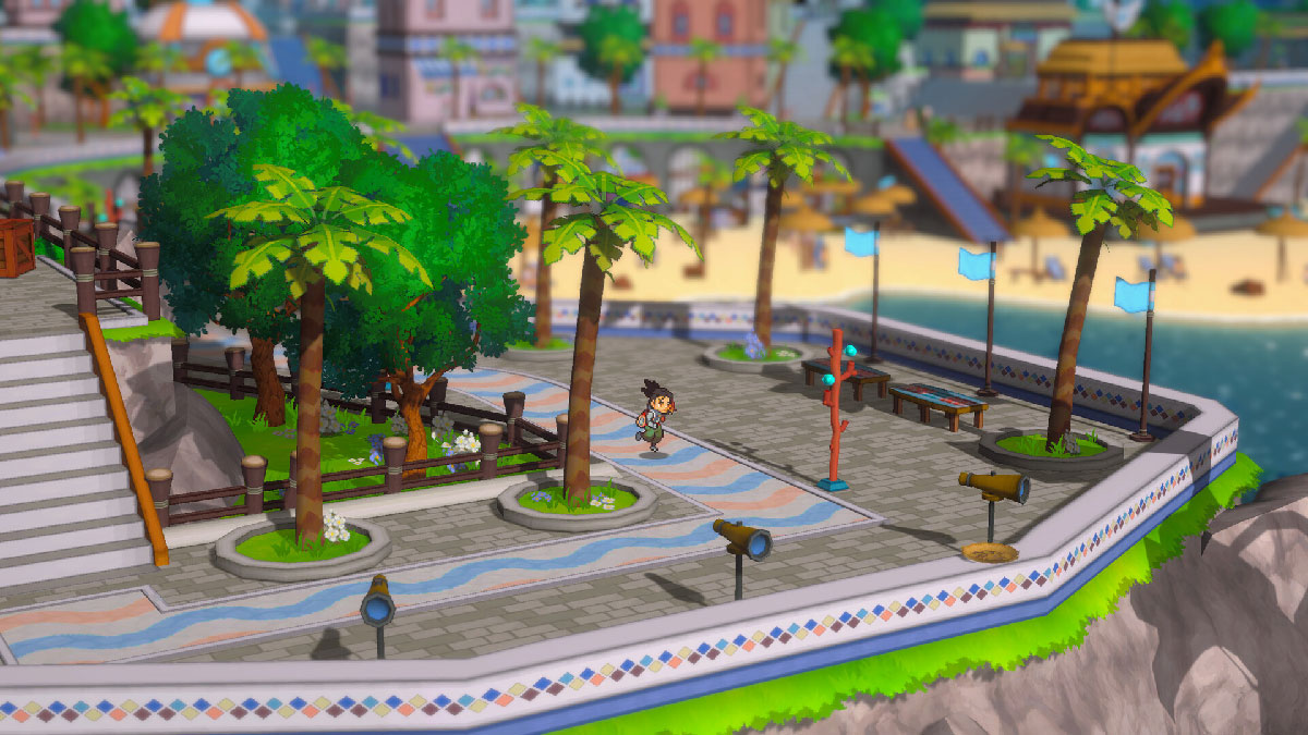 Main character of Lumentale running near a vibrant beach in a bright and colorful world