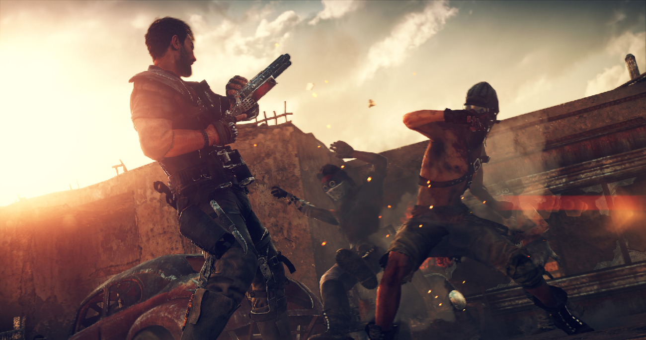 Max Rockatansky in close combat using his sawed-off shotgun against wasteland scavengers