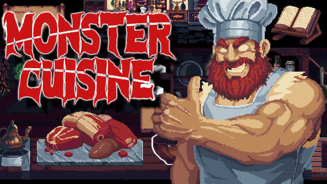 Le personnage principal de Monster Cuisine devant le logo du jeu, avec de la viande sur l'établi de la cuisine