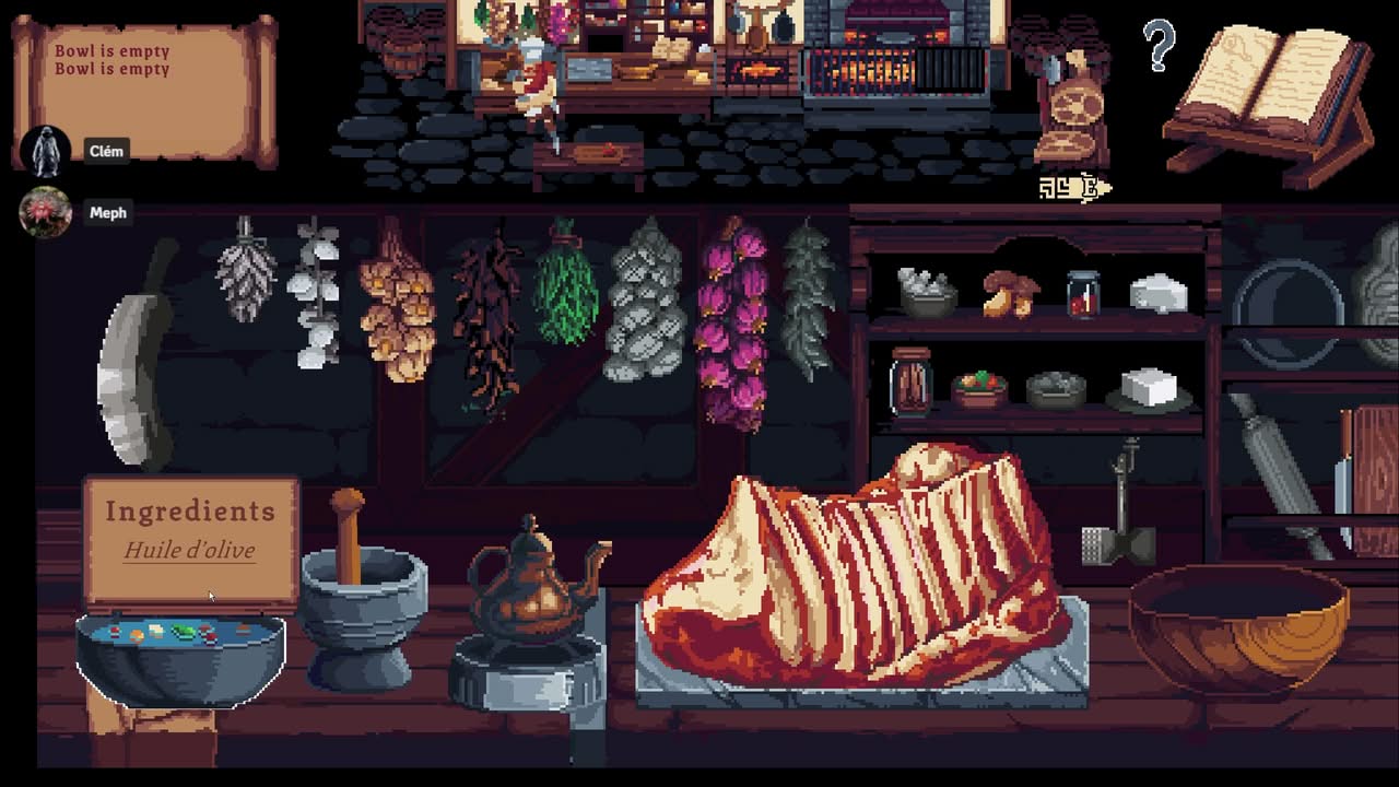 Autre vue de la cuisine de Monster Cuisine avec viande, ail, herbes, sel et huile d'olive