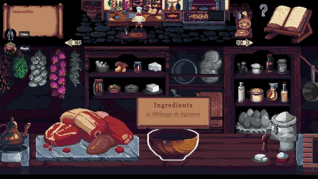 Vue de la cuisine de Monster Cuisine avec de la viande et de nombreux ingrédients