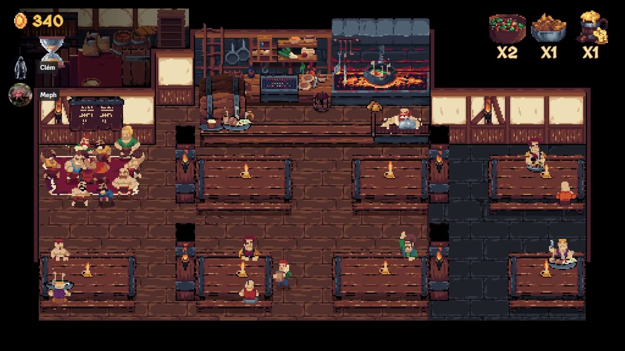 La taverne de Monster Cuisine ouverte le soir avec de nombreux clients à servir