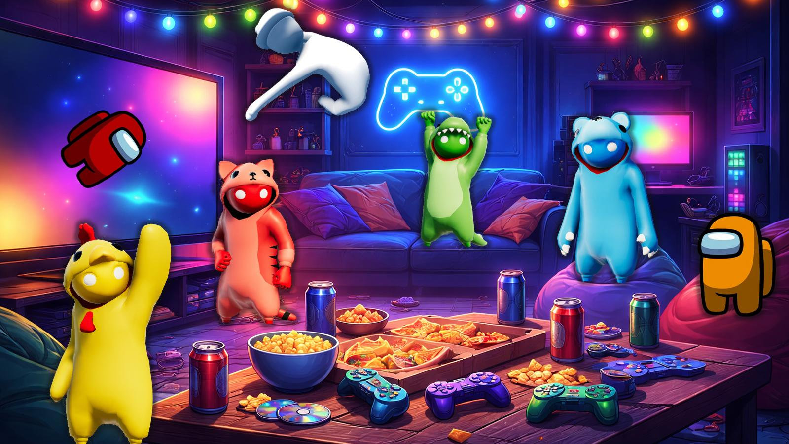 Montage festif montrant les personnages de Among Us, Gang Beasts et Lethal Company dans une ambiance de soirée
