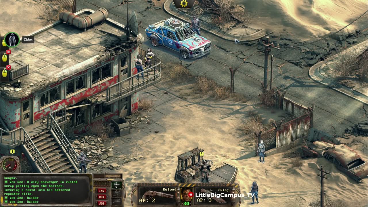 Rad New World - Personnage et voiture dans la première ville post-apocalyptique délabrée du jeu