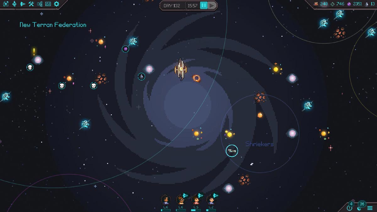 Halcyon 6 galaxy map showing the player's main base, fleet position and planets and asteroids to explore