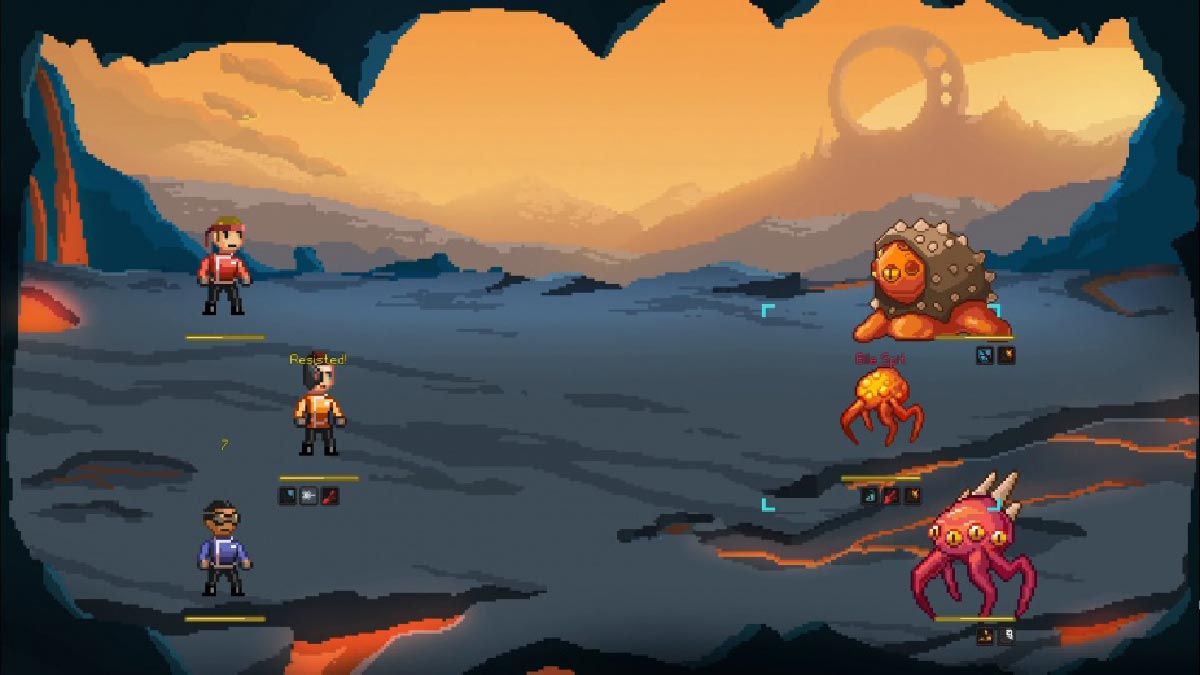 Halcyon 6 tactical ground combat 3v3 on a planet surface, three player characters facing three aliens