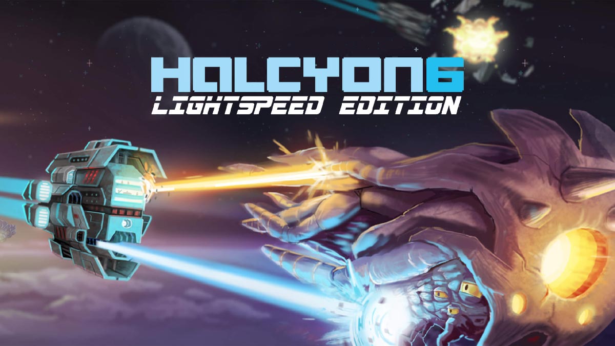Halcyon 6 key art with three main characters and a human fleet ship chasing an organic alien vessel
