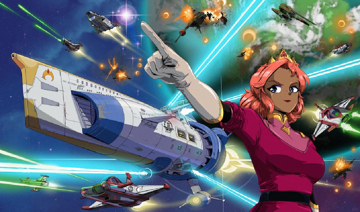 Jumplight Odyssey key art in 90s anime style, the princess pointing toward a distant goal, the main ship and shuttle battles behind her
