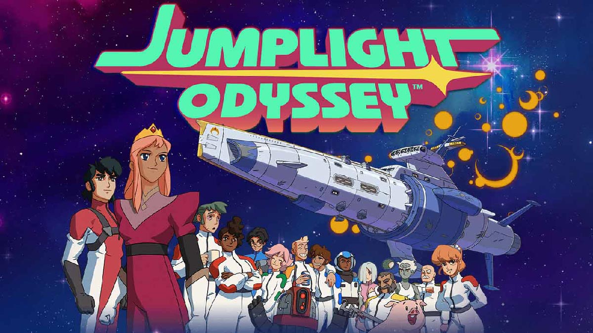 Jumplight Odyssey key art with the full crew and the princess in the foreground, the ship and deep space behind them