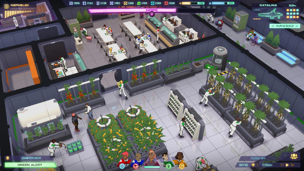 Jumplight Odyssey farming quarter with various plants and the canteen where part of the crew is recharging