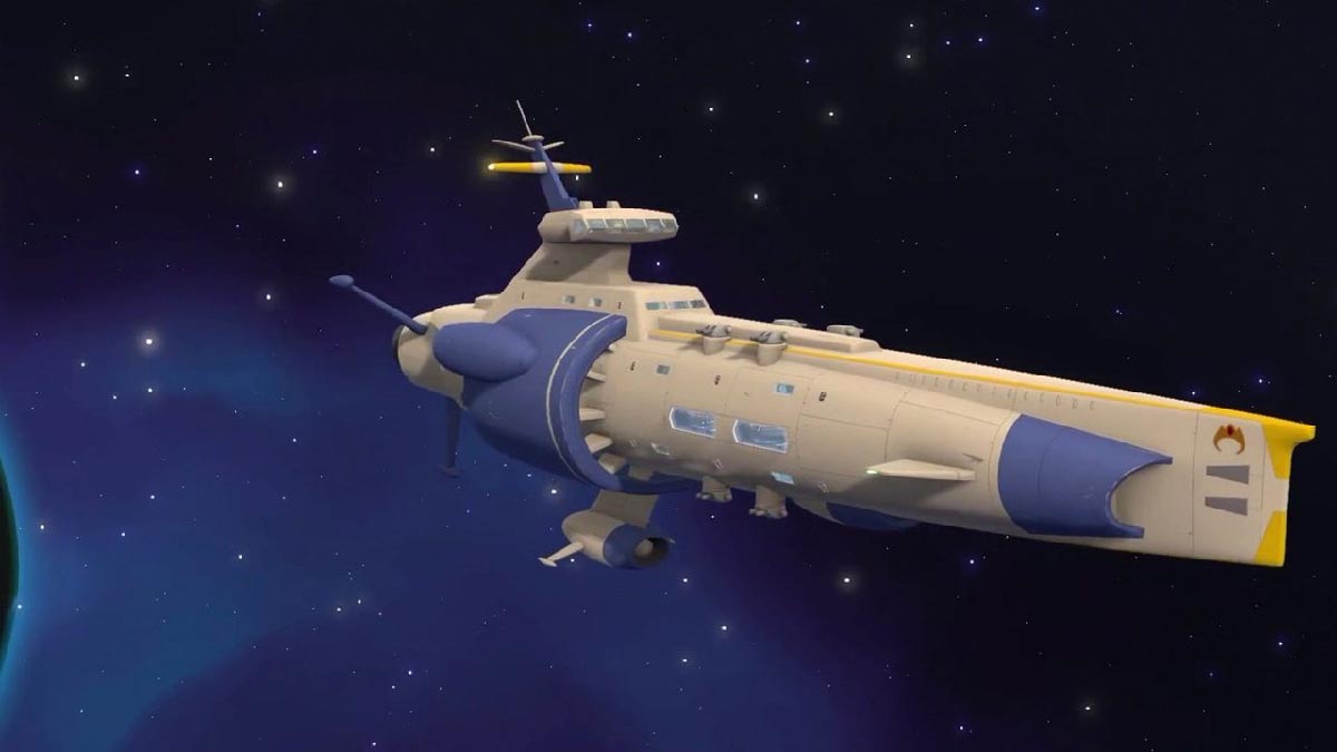 Jumplight Odyssey main ship seen from the outside in the deep interstellar void