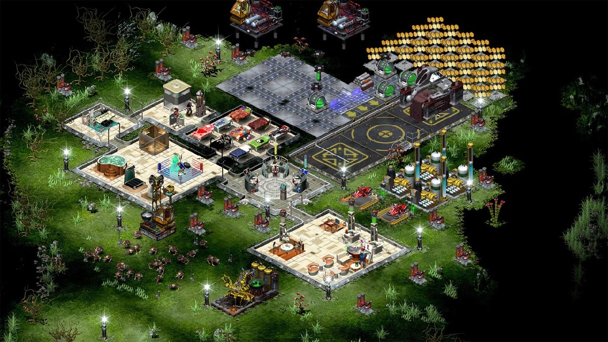 Space Colony base in a lush green biome with laser defenses, space chicken farm and solar panels