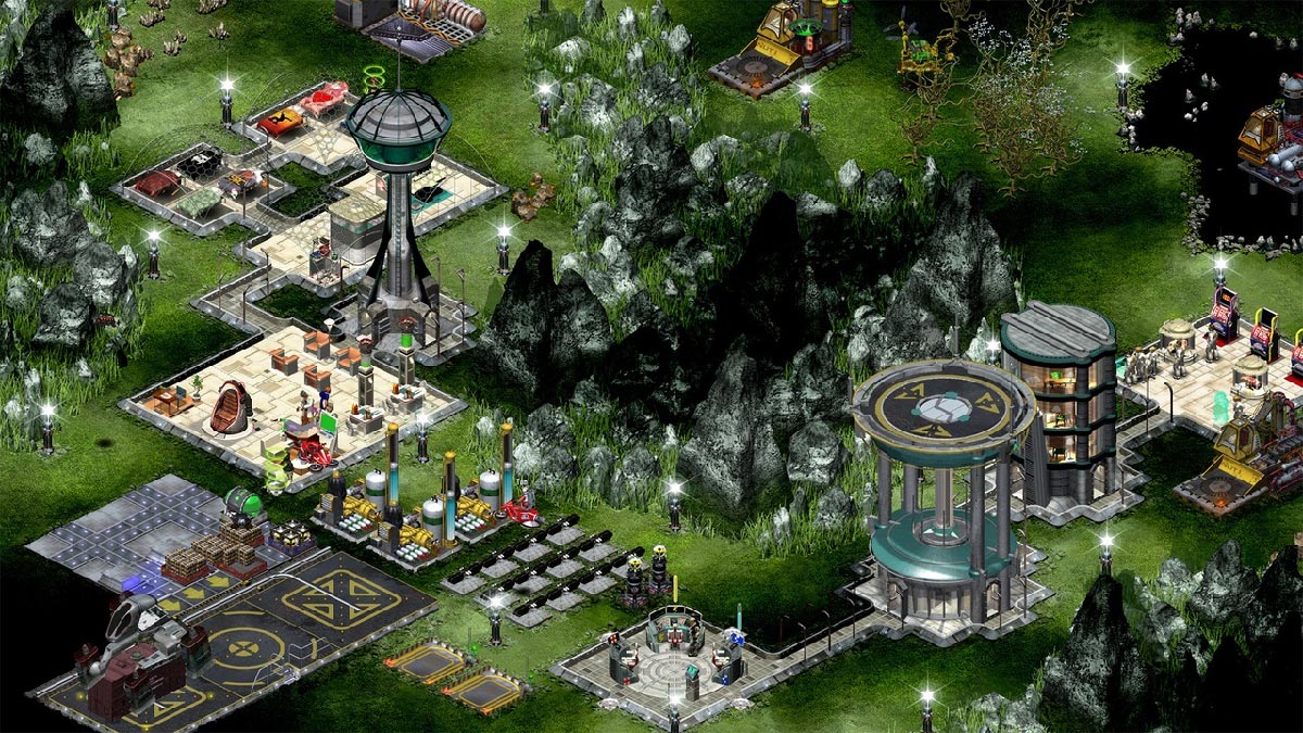 Rocky terrain Space Colony base with crew beds, oxygen pumps and tourist arrival station